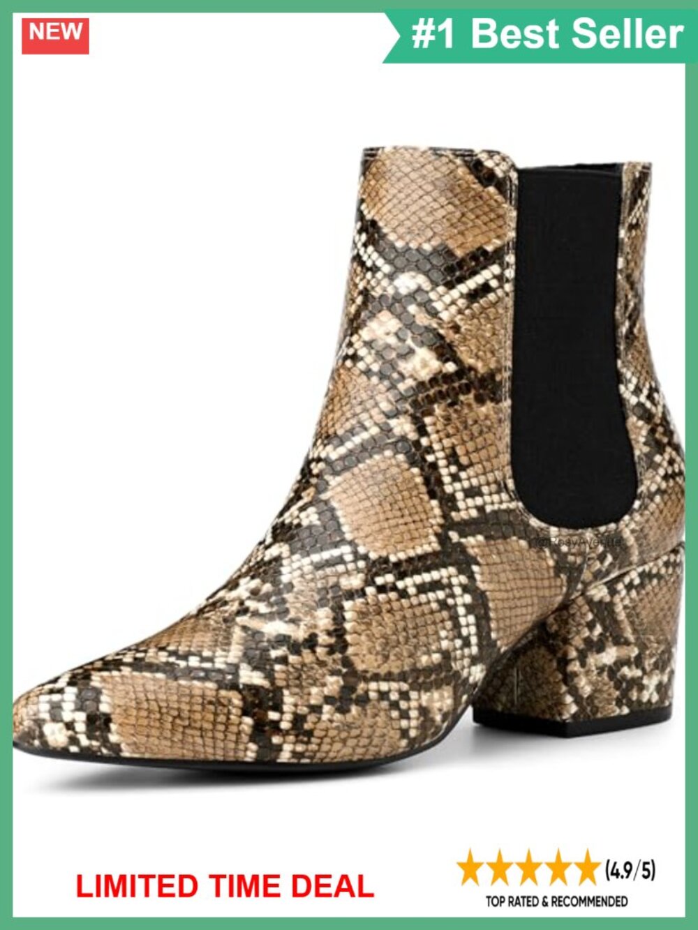 Faux Leather Snake Print Pointed Toe Chunky Heel Ankle Boots